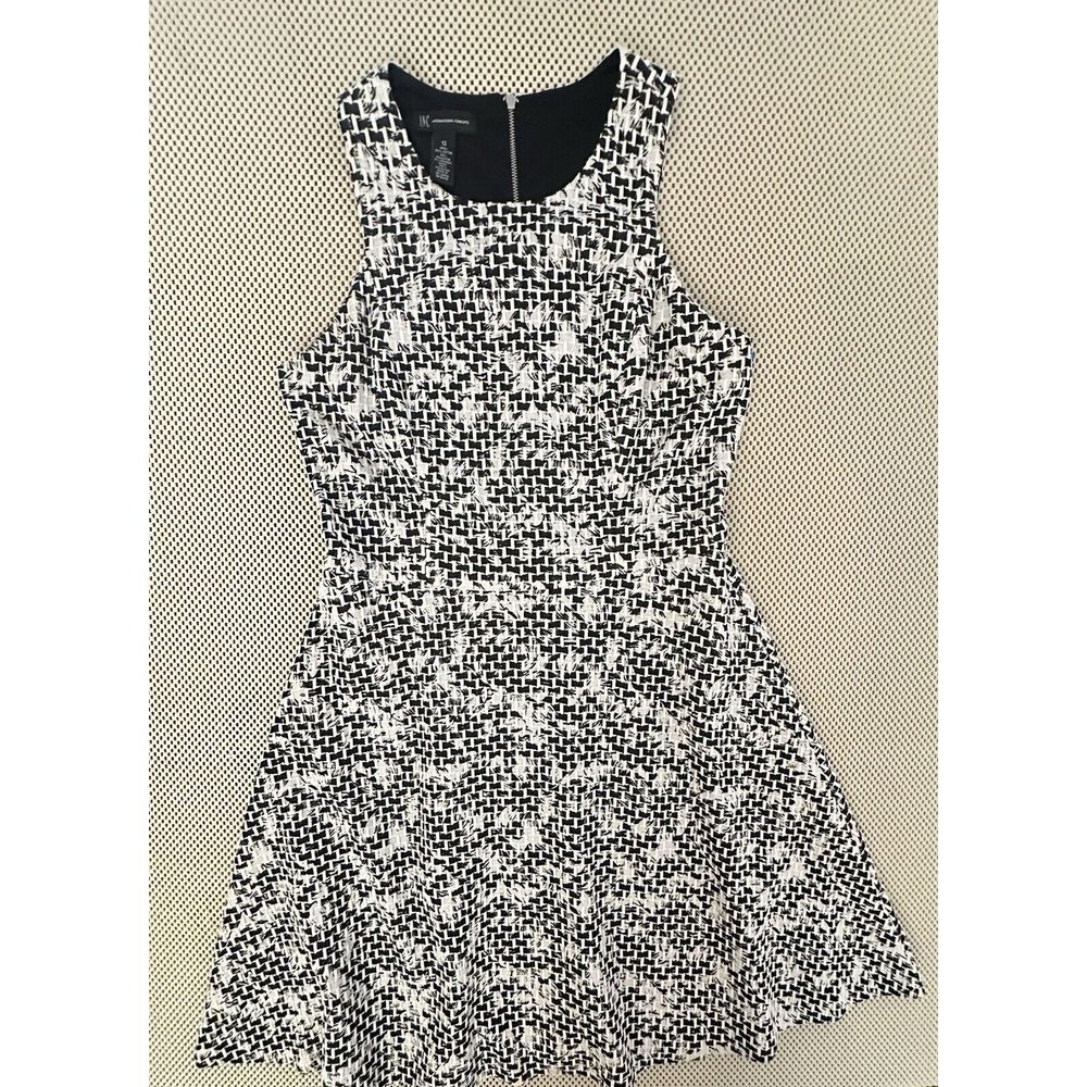 INC FIT & Flare Dress Size 12 Black White Textured Sleeveless Midi Knee Length L
